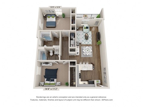 Floor plan of a 1 bedroom apartment The Sundrop 1,162 sq. ft. at Ardmore at Flowers, North Carolina